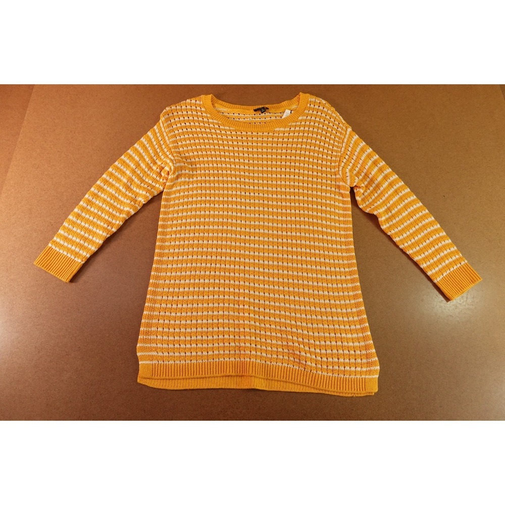 Talbots Womens Petite Small Gold Striped Open Knit 3/4 Sleeve Tunic Sweater NWT